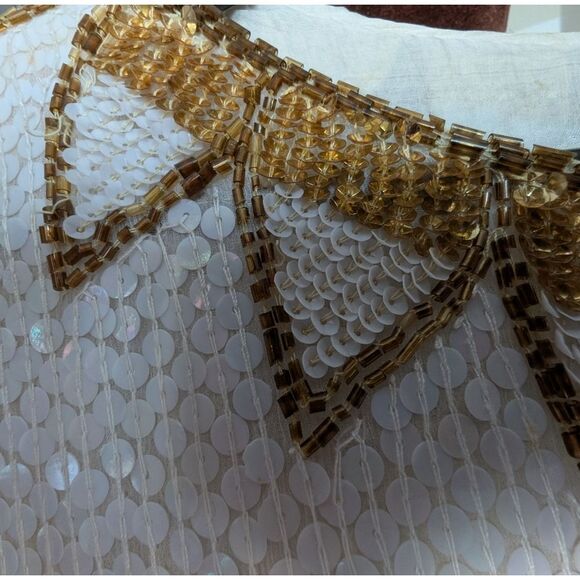 Great Gatsby Vintage White 💯 Silk Sequin Beaded Starburst Midi Shift Dress S - Picture 7 of 17